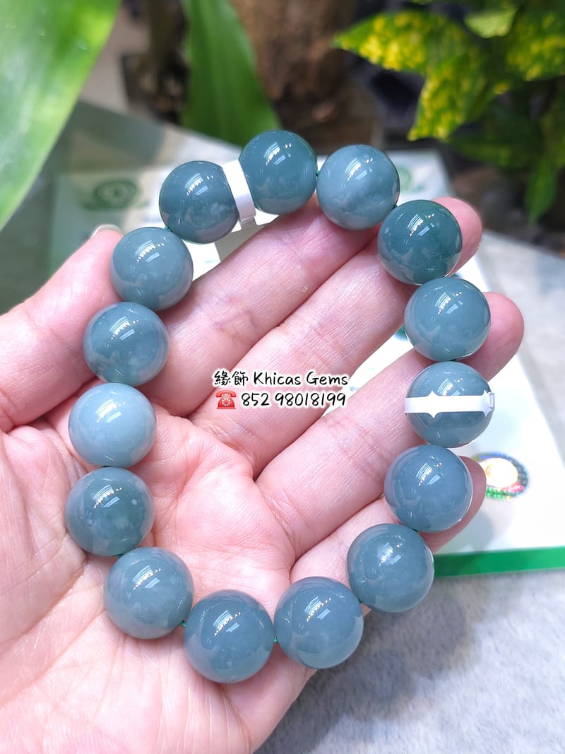 天然藍水翡翠手串14.9mm 💚 附帶鑑定證書