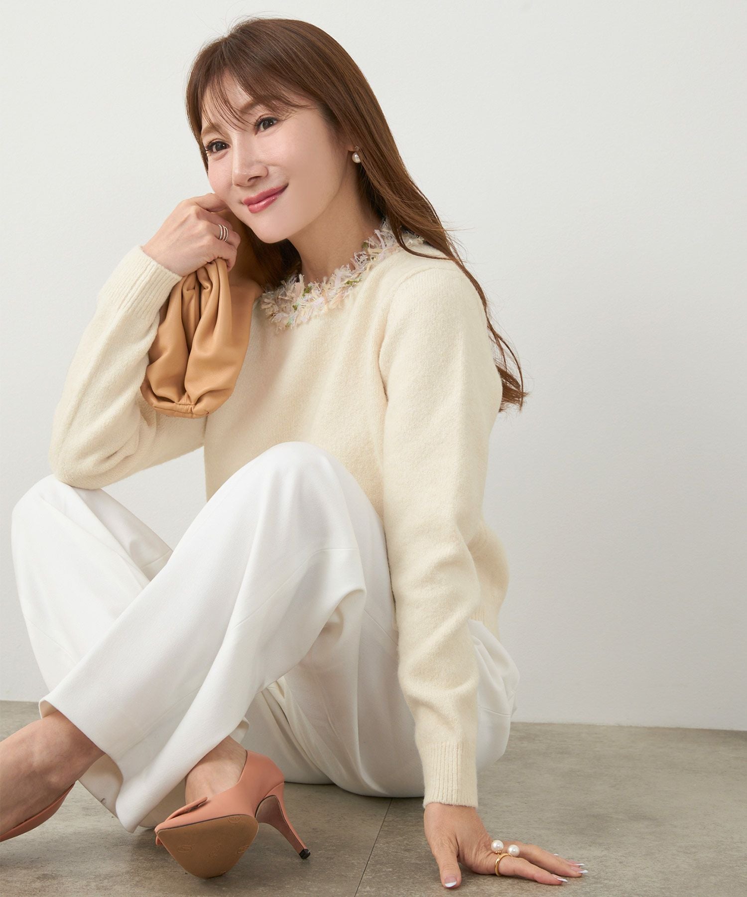 SPRING-SALE ツイード フリンジ ニット プルオーバー Liala×PG 全3色