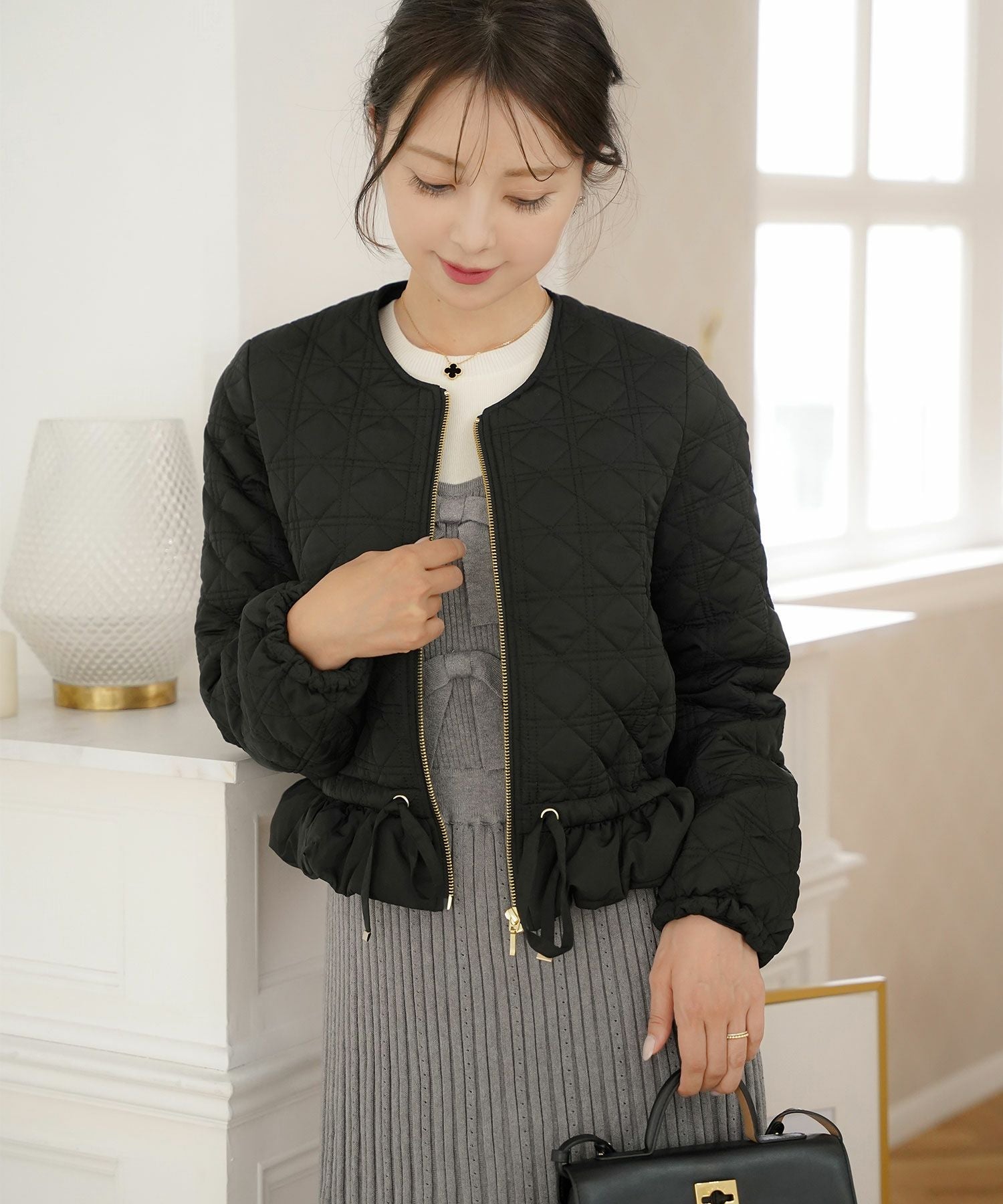 SPRING-SALE 2WAY ショート丈 キルティング ノーカラー中綿 ジャケット