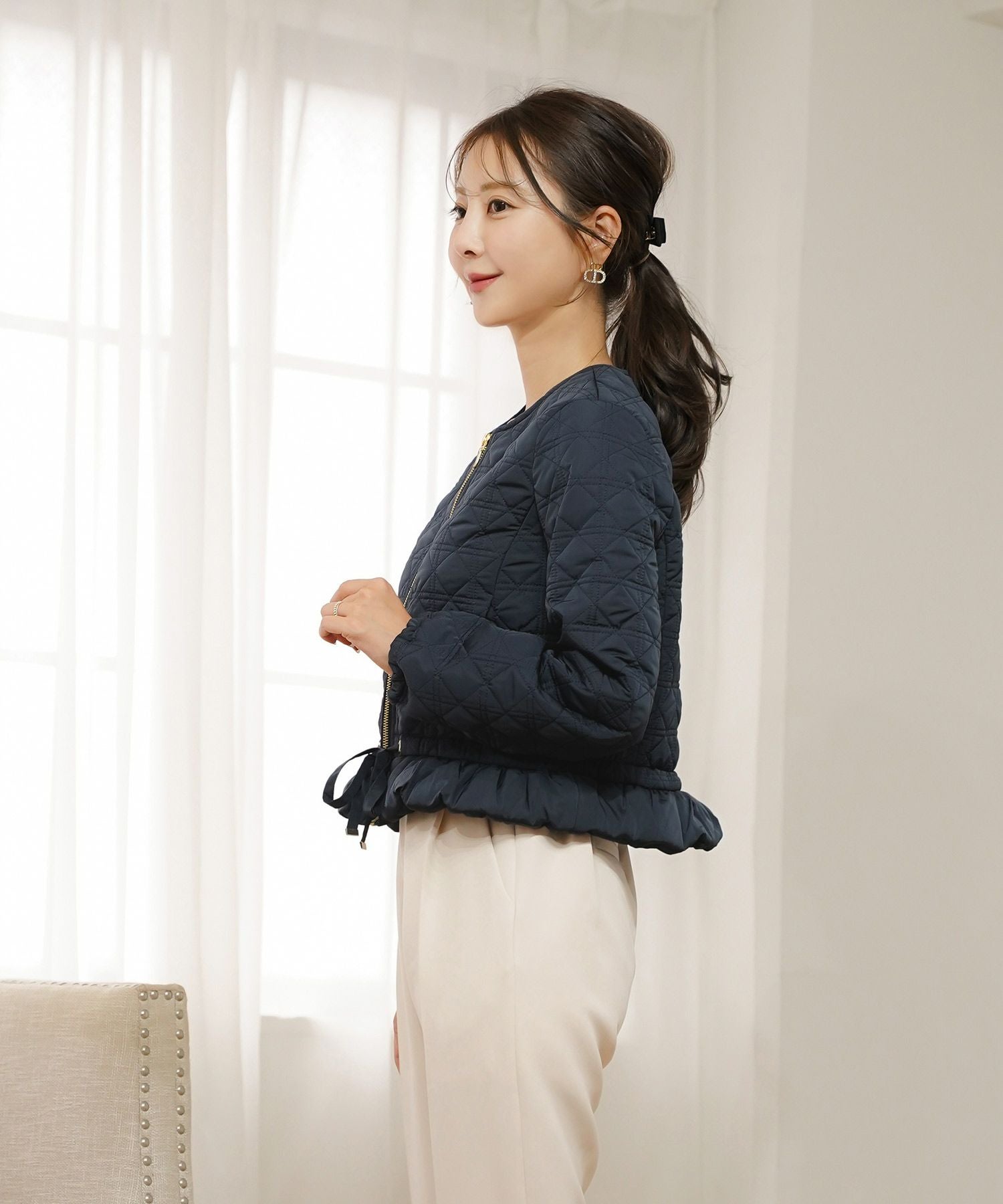 SPRING-SALE 2WAY ショート丈 キルティング ノーカラー中綿 ジャケット