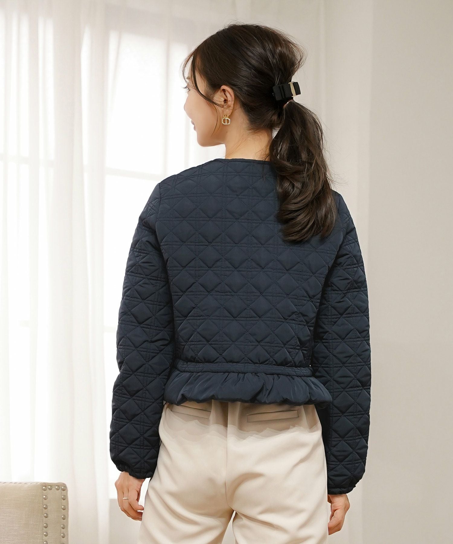 SPRING-SALE 2WAY ショート丈 キルティング ノーカラー中綿 ジャケット