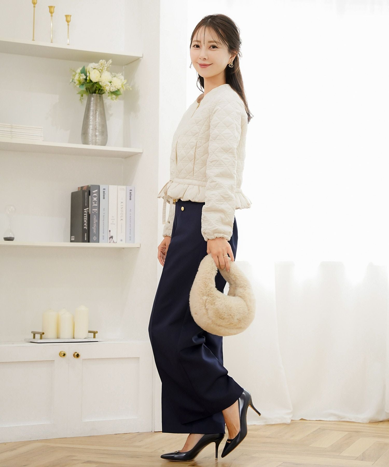 SPRING-SALE 2WAY ショート丈 キルティング ノーカラー中綿 ジャケット