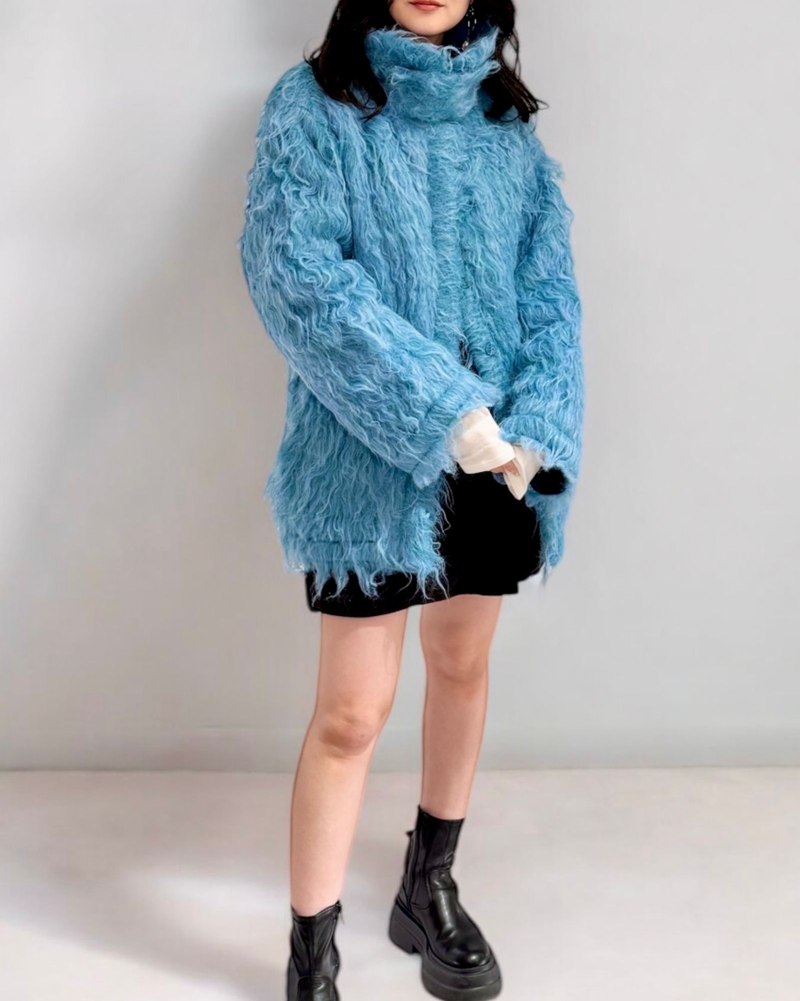 NOUNLESS - BIG COLLAR KNIT FUR JACKET (BLUE) / ビッグカラーニット