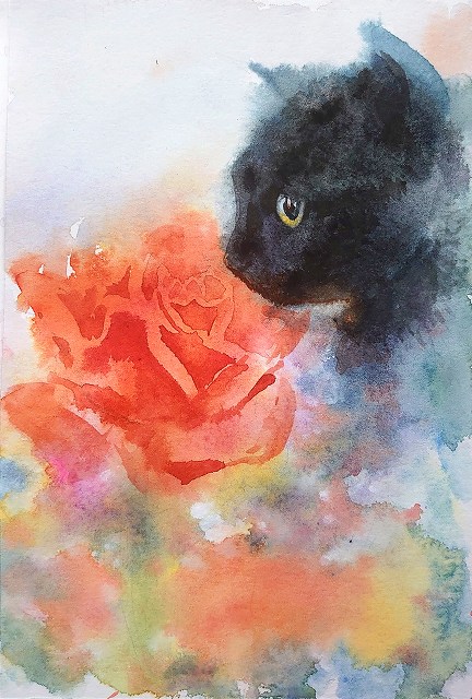 講師作品「バラより猫」をご紹介します！ | 京都 二条城前 水彩画教室