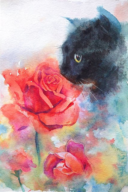 講師作品「バラより猫」をご紹介します！ | 京都 二条城前 水彩画教室