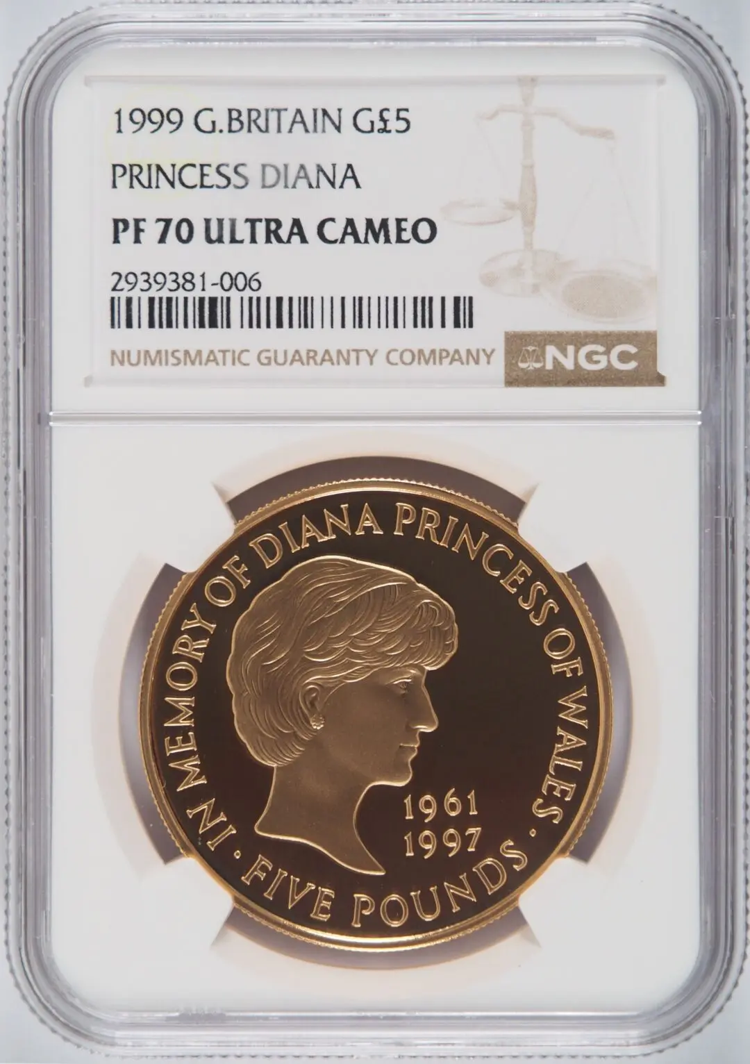 1999年 ダイアナ妃追悼記念 5ポンド金貨 NGC PF70UC - ソブリンハブ