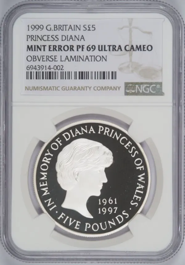 造幣局エラー】1999年ダイアナ妃追悼記念 5ポンド銀貨 NGC PF69UC 表面