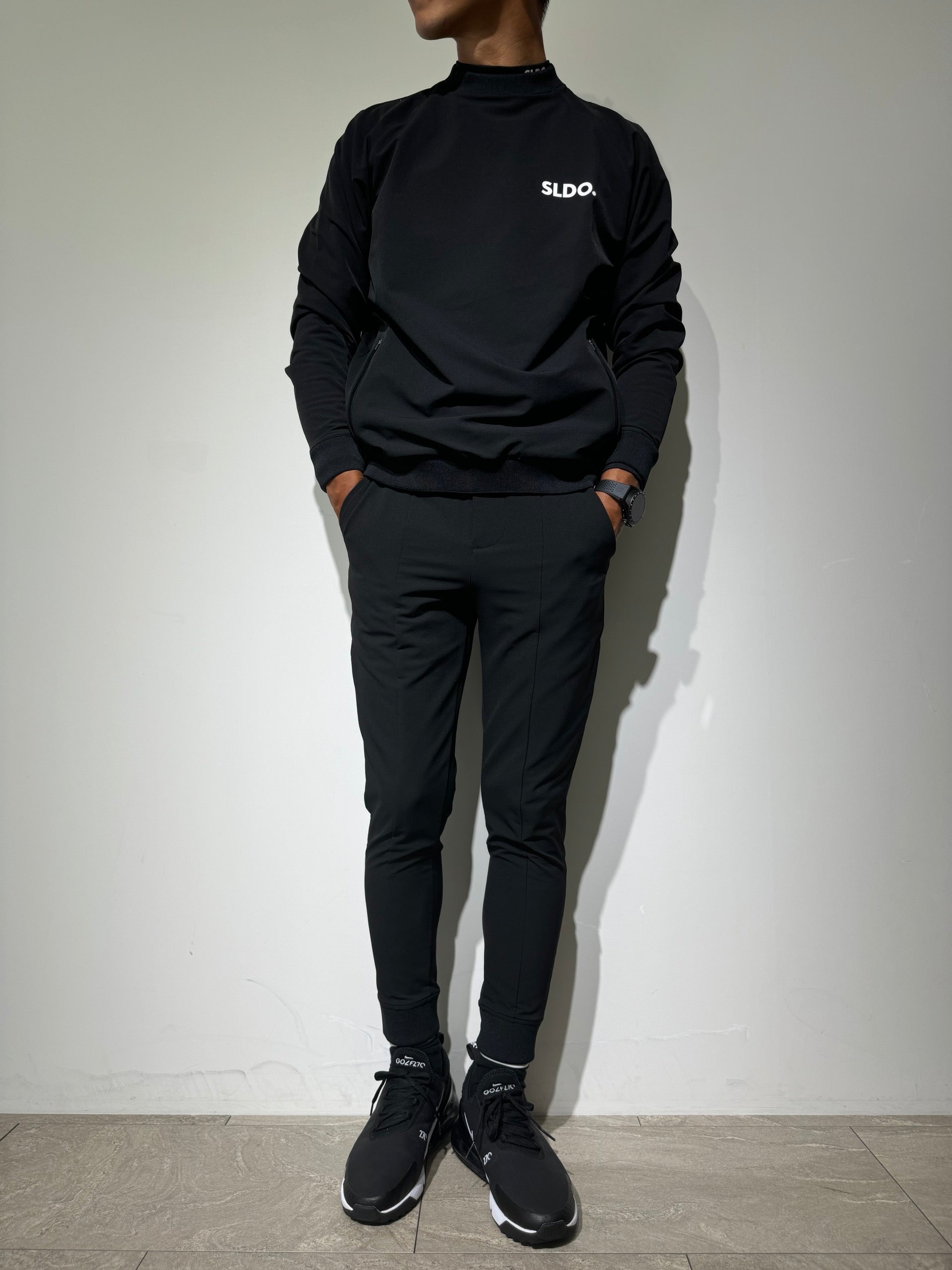 NEW STDダブルクロスストレッチリブパンツ/BLACK×BLACK LOGO (UNISEX