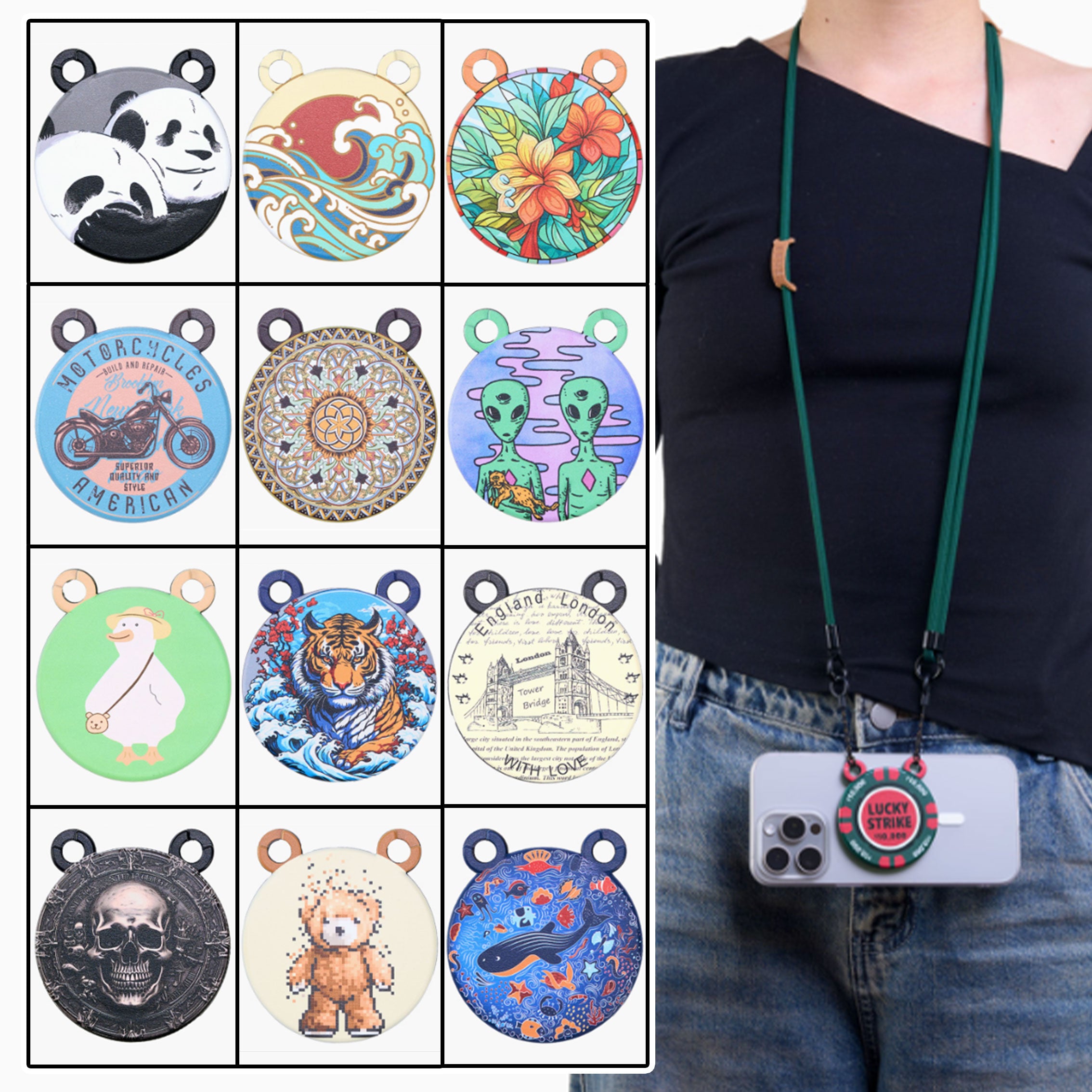 豊富なデザイン】マグネットミラースマホショルダー【ストラップタイプ