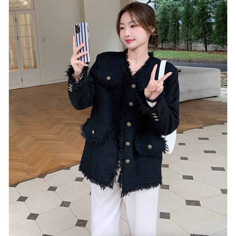 ブラックツイードジャケット（黒）定番の上品なツイードジャケット。