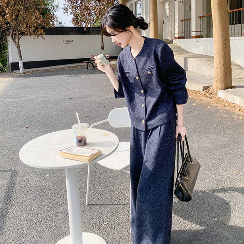 ノーカラージャケット×ワイドパンツセット（紺）秋/春 スタイルを