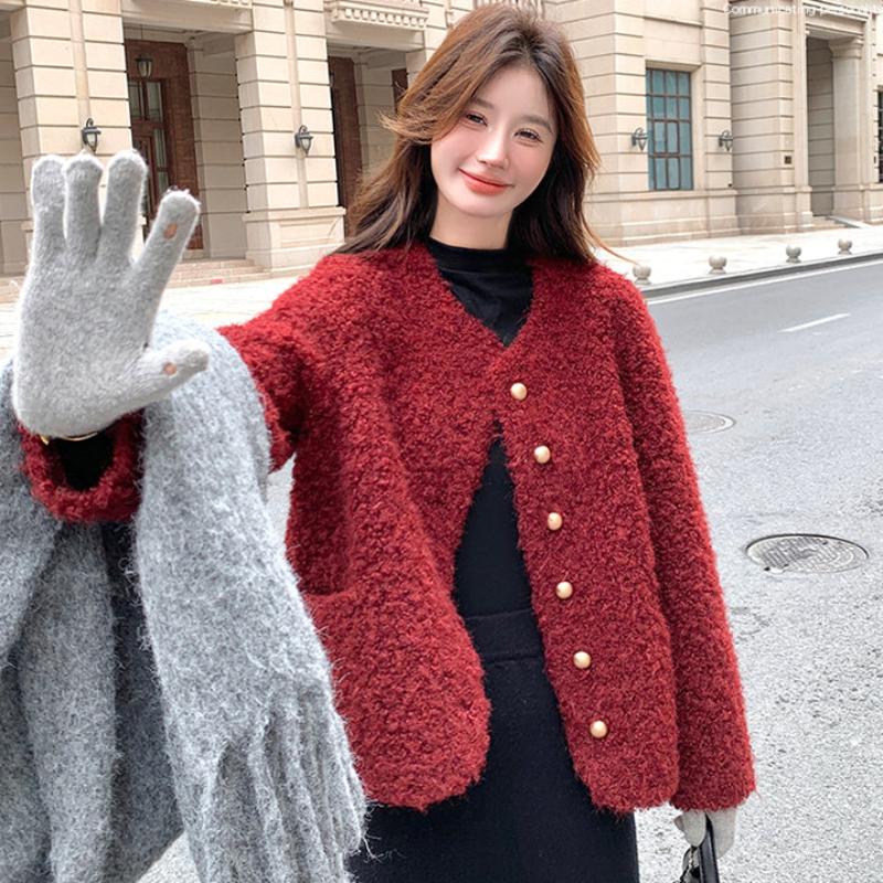 レッドラムウールジャケット(赤)秋/冬 大人可愛いボアアウター