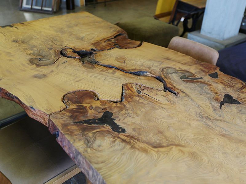 箕面店展示≪完成品≫屋久杉板テーブル 鉄脚セット W2150×D1030-1250