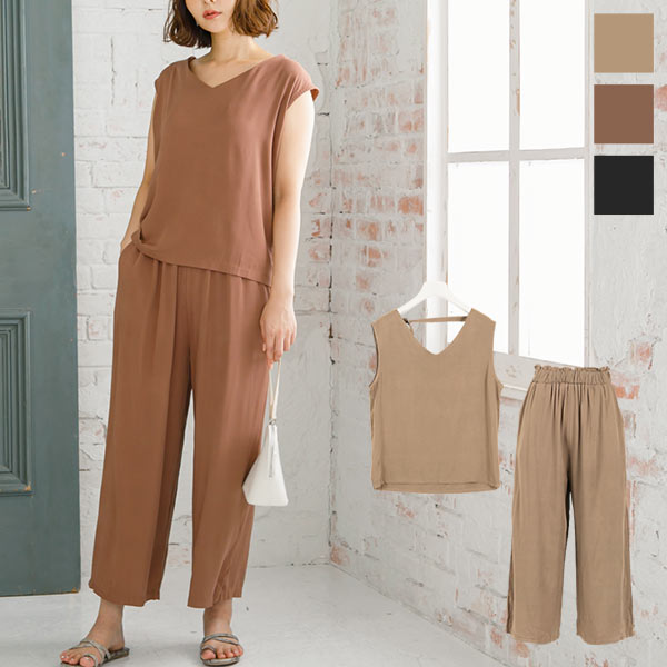 ノースリーブトップス×ワイドパンツセットアップ [E2152] - レディース