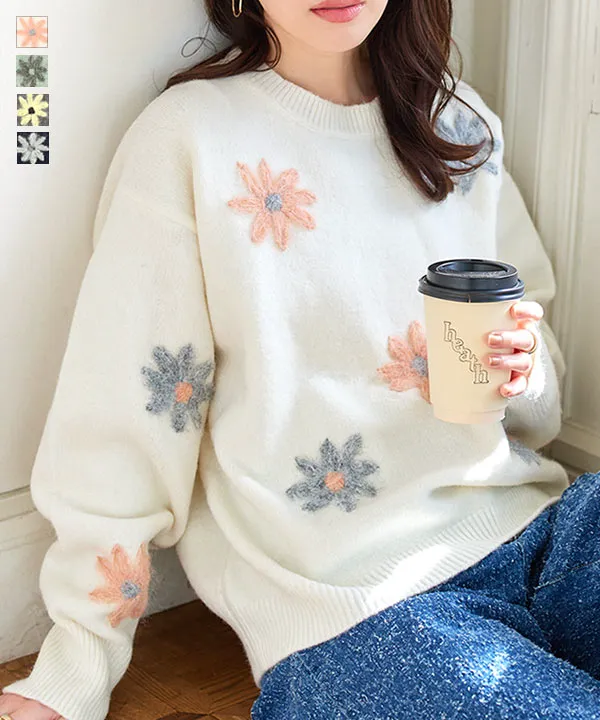フラワー刺繍ふんわりニットトップス [N1208] - レディース