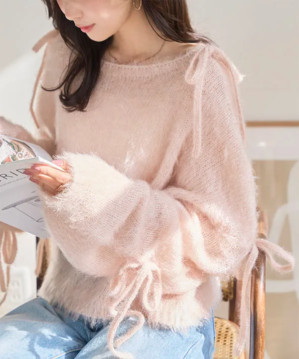 キャットヤーン袖リボンラメシアーニット [N1289] - レディース