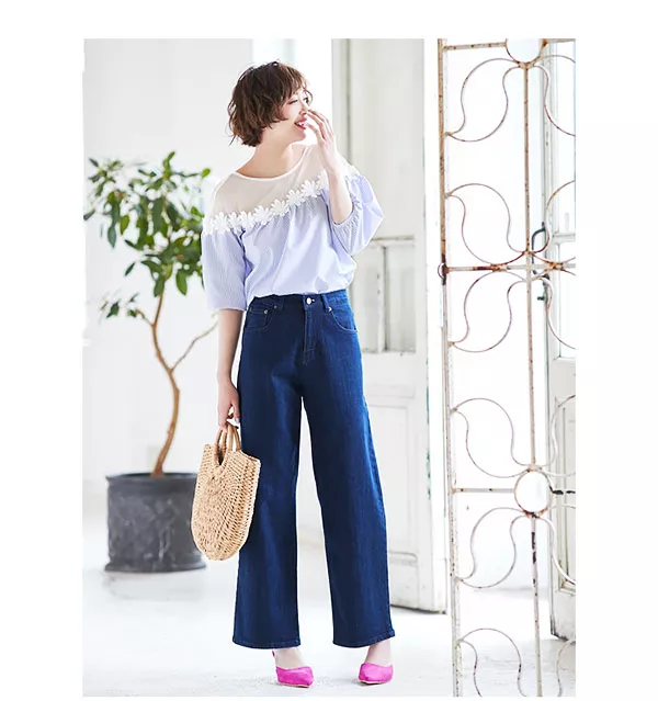 胸元チュール切替フラワーレースブラウス [C3215] - レディース