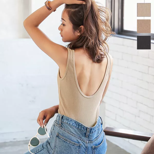 カップ付きバックオープンリブボディスーツ [C4785] - レディース