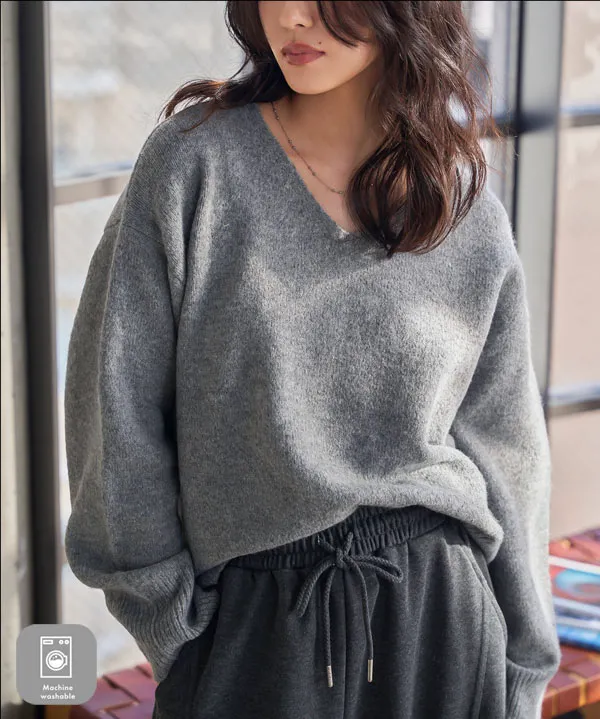 ウォッシャブルVネックorモックネックスフレニットトップス [C6301