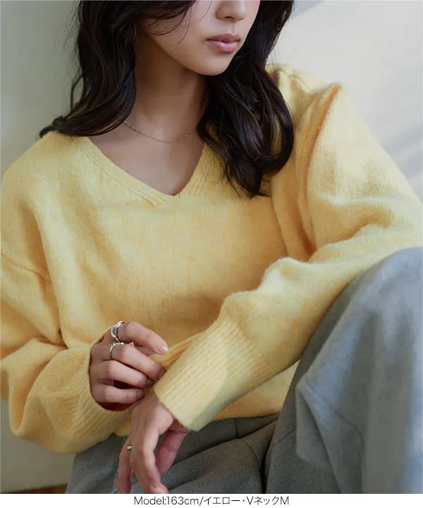 ウォッシャブルVネックorモックネックスフレニットトップス [C6301