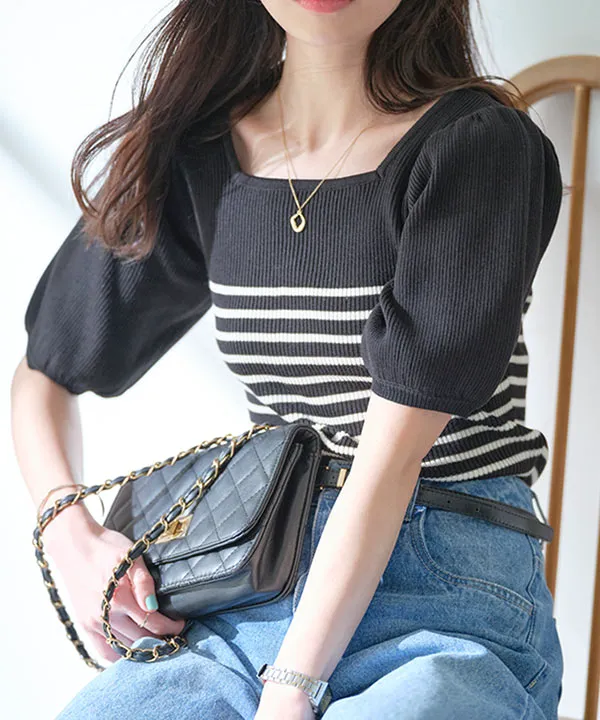 モックネックorスクエアネックぽわんスリーブニットトップス [C6609