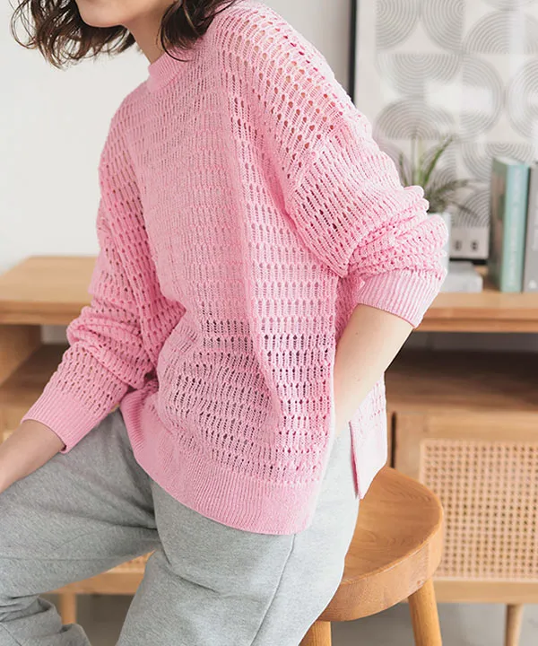 麻タッチ透かし編みニットトップス [C7090] - レディースファッション