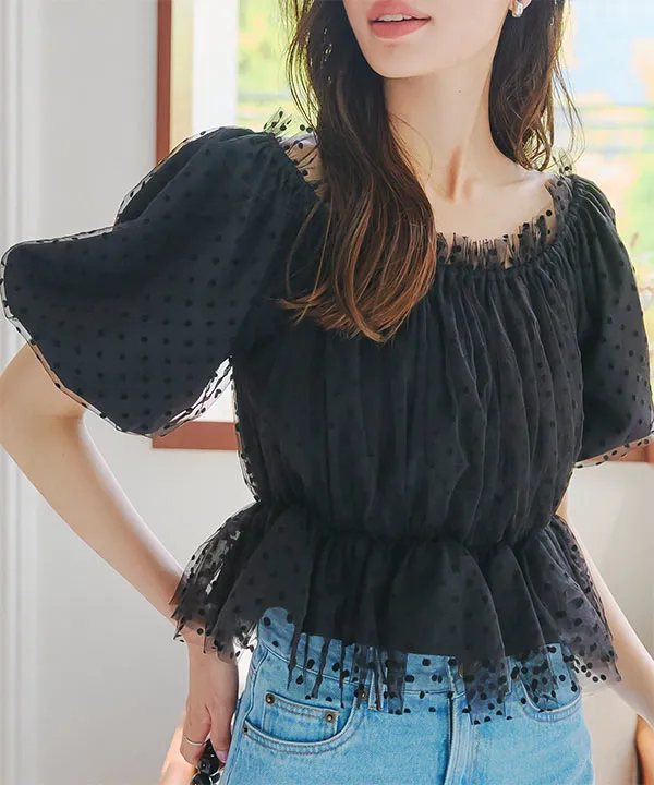 チュールレイヤードオフショルペプラムトップス [C7105]【メール便