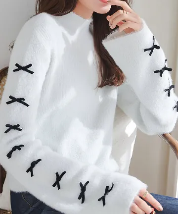 リボンスリーブシャギーニットトップス [C7345] | SALE！ - レディース