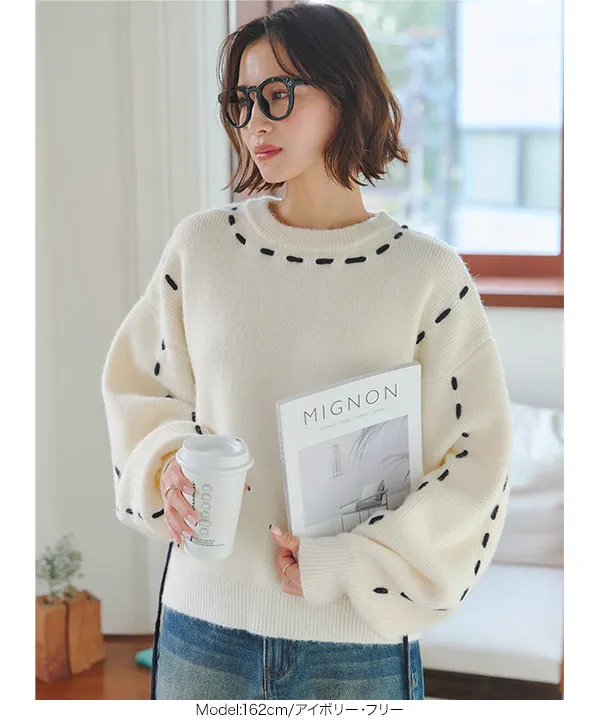 ステッチリボンニットトップス [C7384] - レディースファッション通販