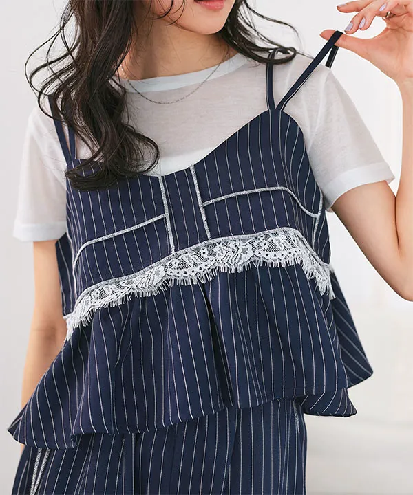 レース切替ストライプキャミビスチェ [C7778] - レディース