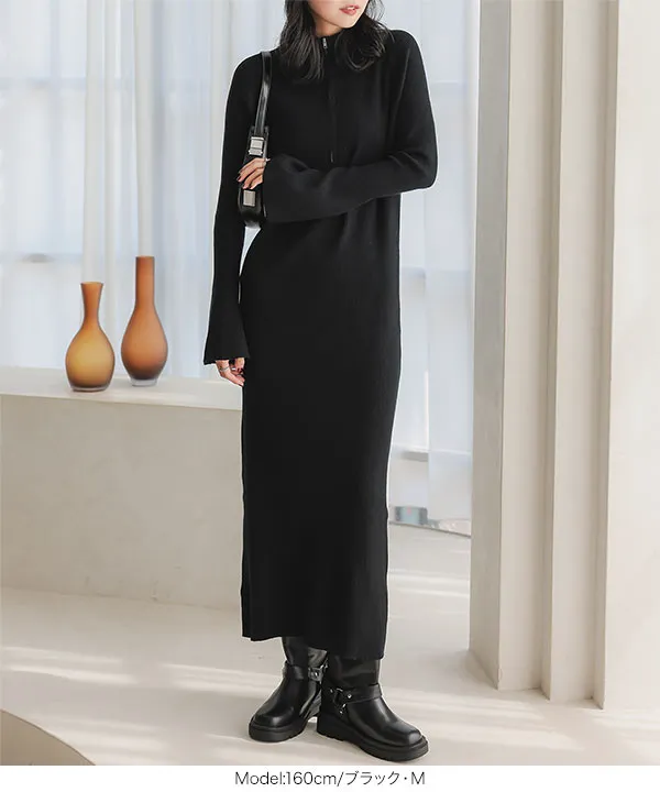 フレアスリーブハーフジップニットワンピース [E3406] | SALE