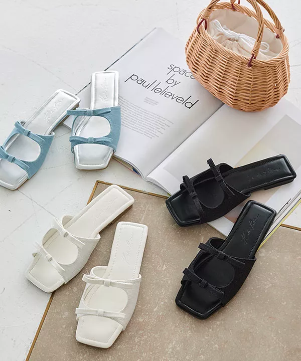 ダブルリボンスクエアフラットサンダル [I2569] - レディース