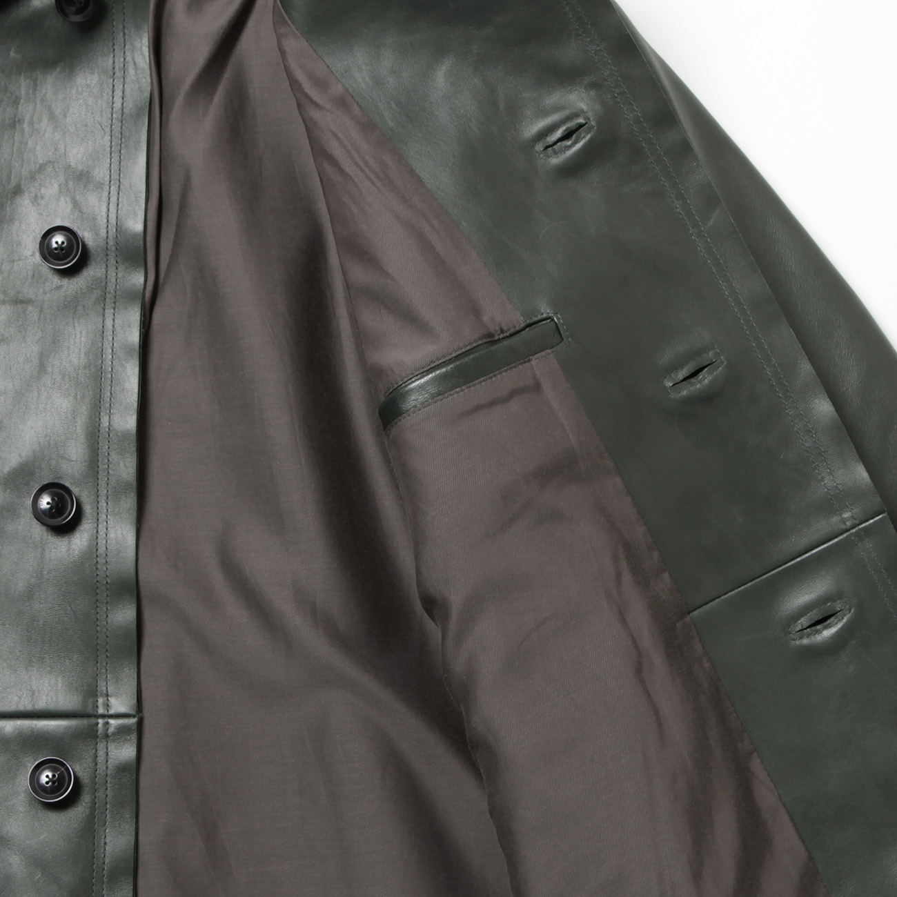 YOKE / ヨーク | CUT-OFF LEATHER CAR COAT - Deep Green | 通販