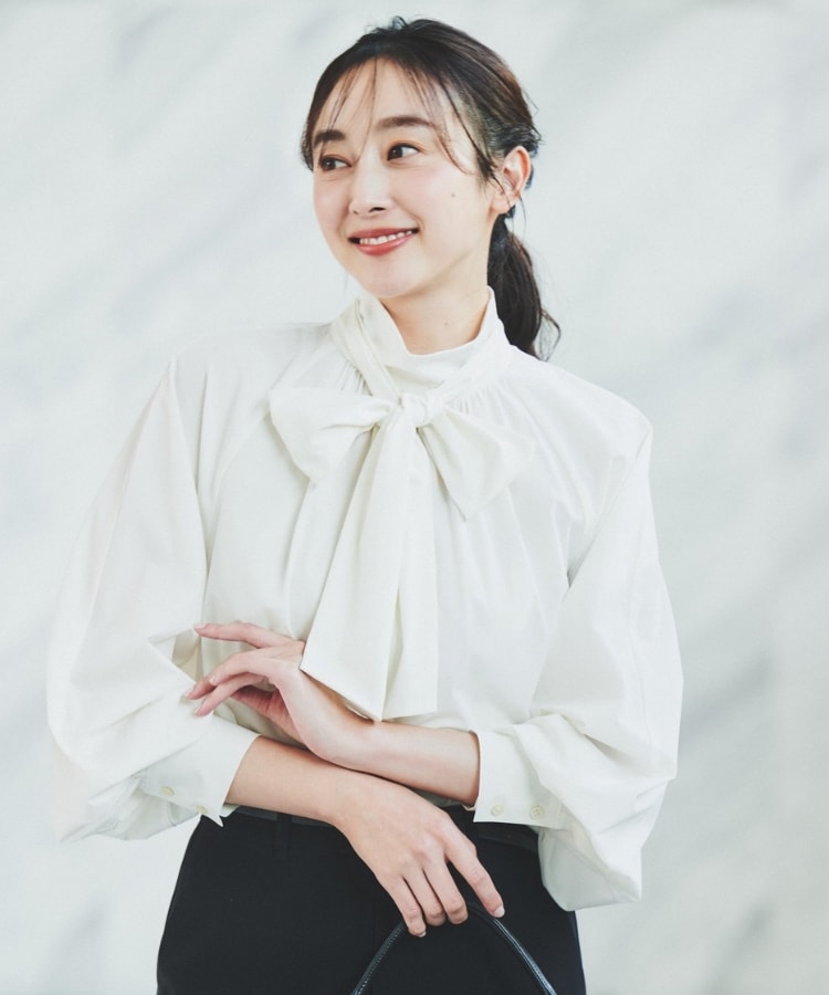 通勤】ボウタイ付スタンドネック ボリュームブラウス（シャツ