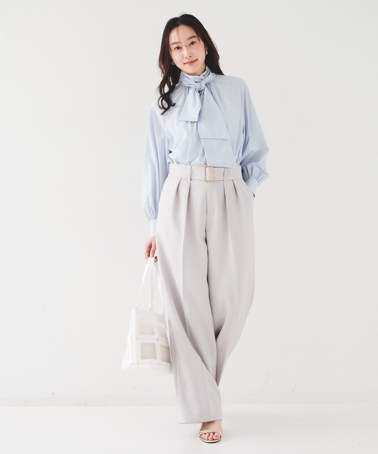 通勤】ボウタイ付スタンドネック ボリュームブラウス（シャツ