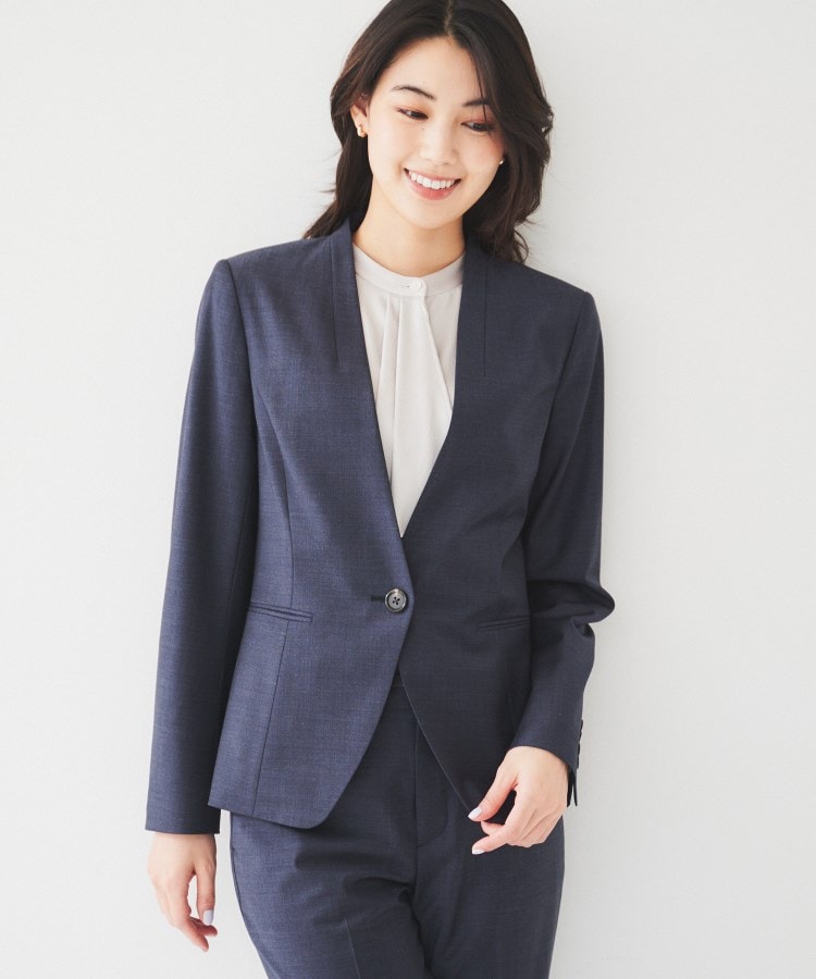 通勤スーツ】ウーステッド カラーレスジャケット（ノーカラー