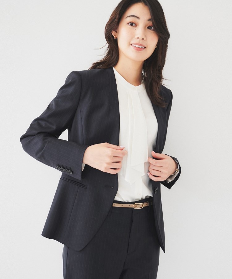 通勤スーツ】ウーステッド カラーレスジャケット（ノーカラー