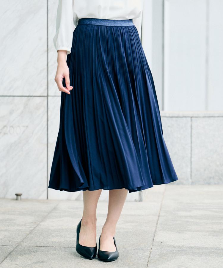 ウエストゴム/セレモニー】デシン プリーツスカート（ミモレスカート