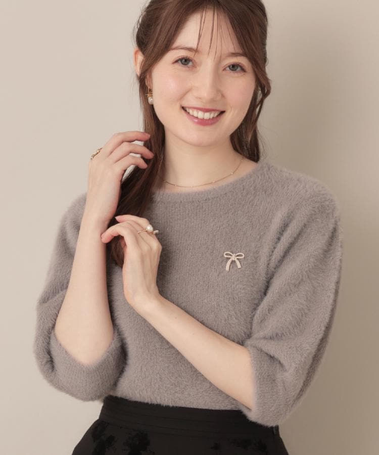 着映え・5分袖・フェミニン】ラメフェザー半袖ニット（ニット/セーター