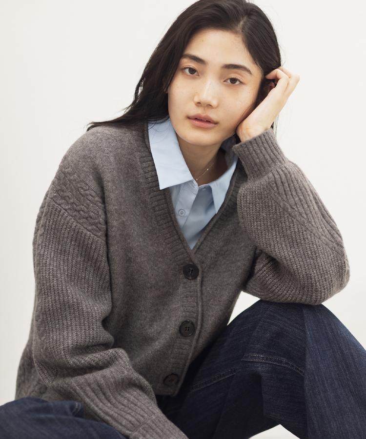 ケーブルアクセント Vネックカーディガン（カーディガン/ボレロ