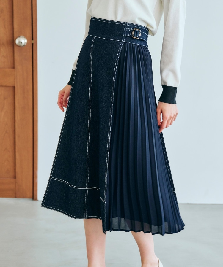 グローブ人気のスカート！デニムサイドプリーツスカート（ミモレ