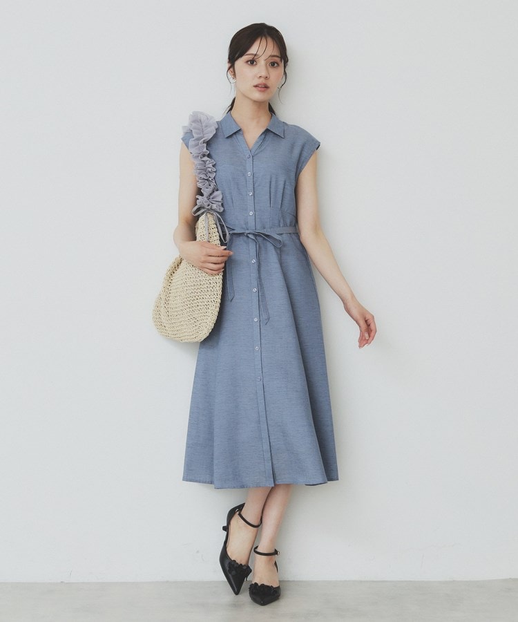 リネンライクシャツワンピース【洗濯機洗い可】（ミドルワンピース