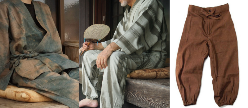 麻と柿渋染め・草木染めのみつる工芸 / 綿麻作務衣【タイダイ柄】 藍