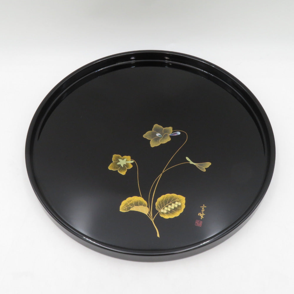骨董・民芸品 会津塗 高峰 平盆 丸盆 お盆 金彩 螺鈿 花 漆器 漆芸
