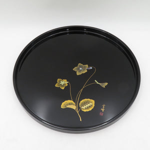 骨董・民芸品 会津塗 高峰 平盆 丸盆 お盆 金彩 螺鈿 花 漆器 漆芸