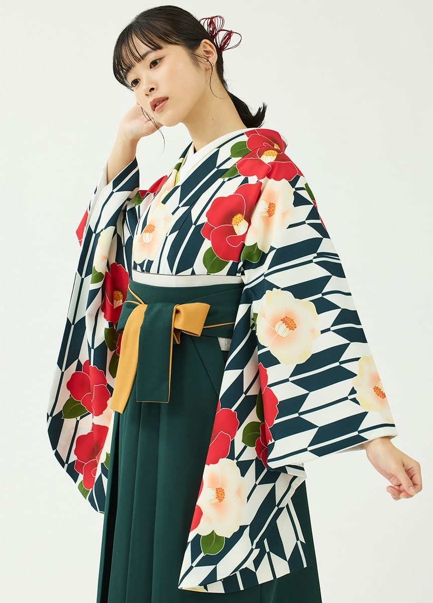 袴レンタルセット「花笑み」矢絣に椿・紺＆無地袴・緑（お取り寄せ品