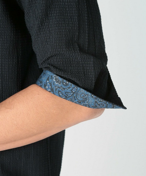 カラミ織風サッカー七分袖スタンドカラーシャツ<ストレッチ/通気性