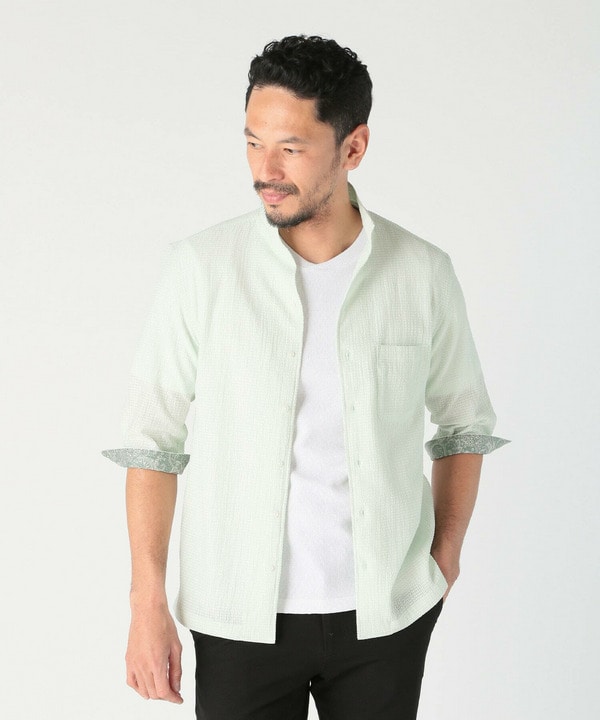 カラミ織風サッカー七分袖スタンドカラーシャツ<ストレッチ/通気性