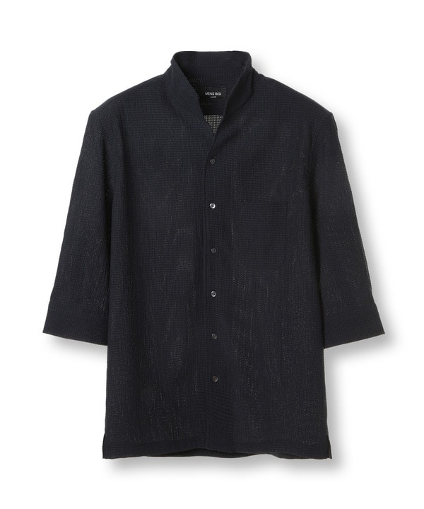 カラミ織風サッカー七分袖スタンドカラーシャツ<ストレッチ/通気性