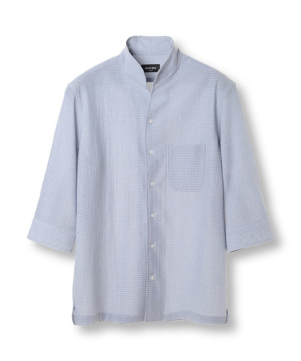 カラミ織風サッカー七分袖スタンドカラーシャツ<ストレッチ/通気性